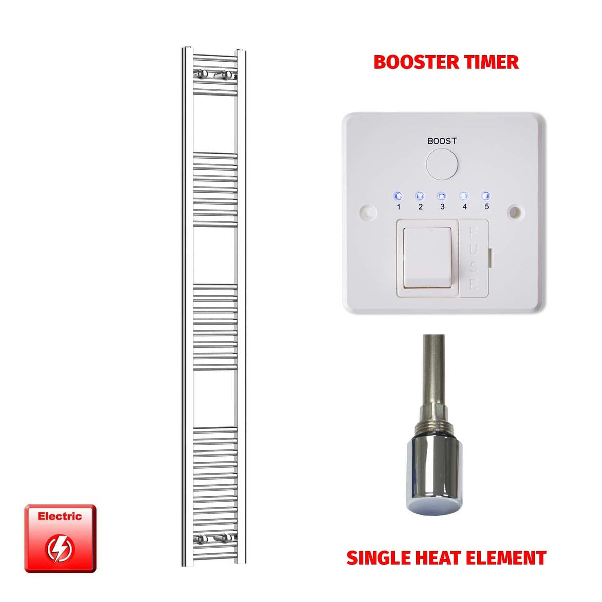 Single Heat Element + Booster Timer 250 x 1800 Chrome Pre-Filled Electric Towel Radiator HTR