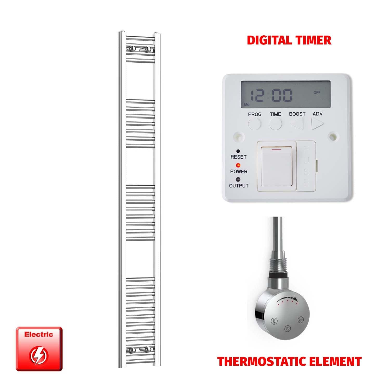 Thermostatic Element + Digital Timer 250 x 1800 Chrome Pre-Filled Electric Towel Radiator HTR