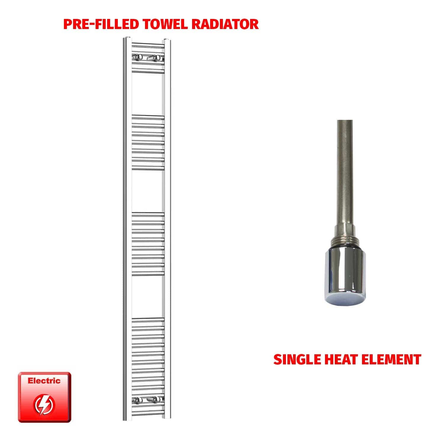 Single Heat Element 250 x 1800 Chrome Pre-Filled Electric Towel Radiator HTR