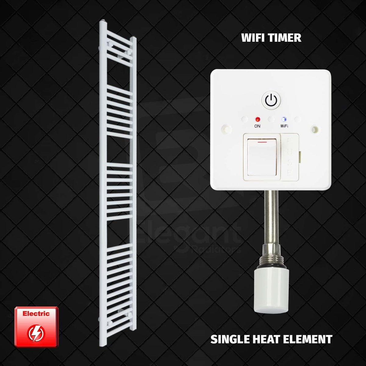 Single Heat Element + Wifi Timer 250 x 1800 Flat White Pre-Filled Electric Towel Radiator