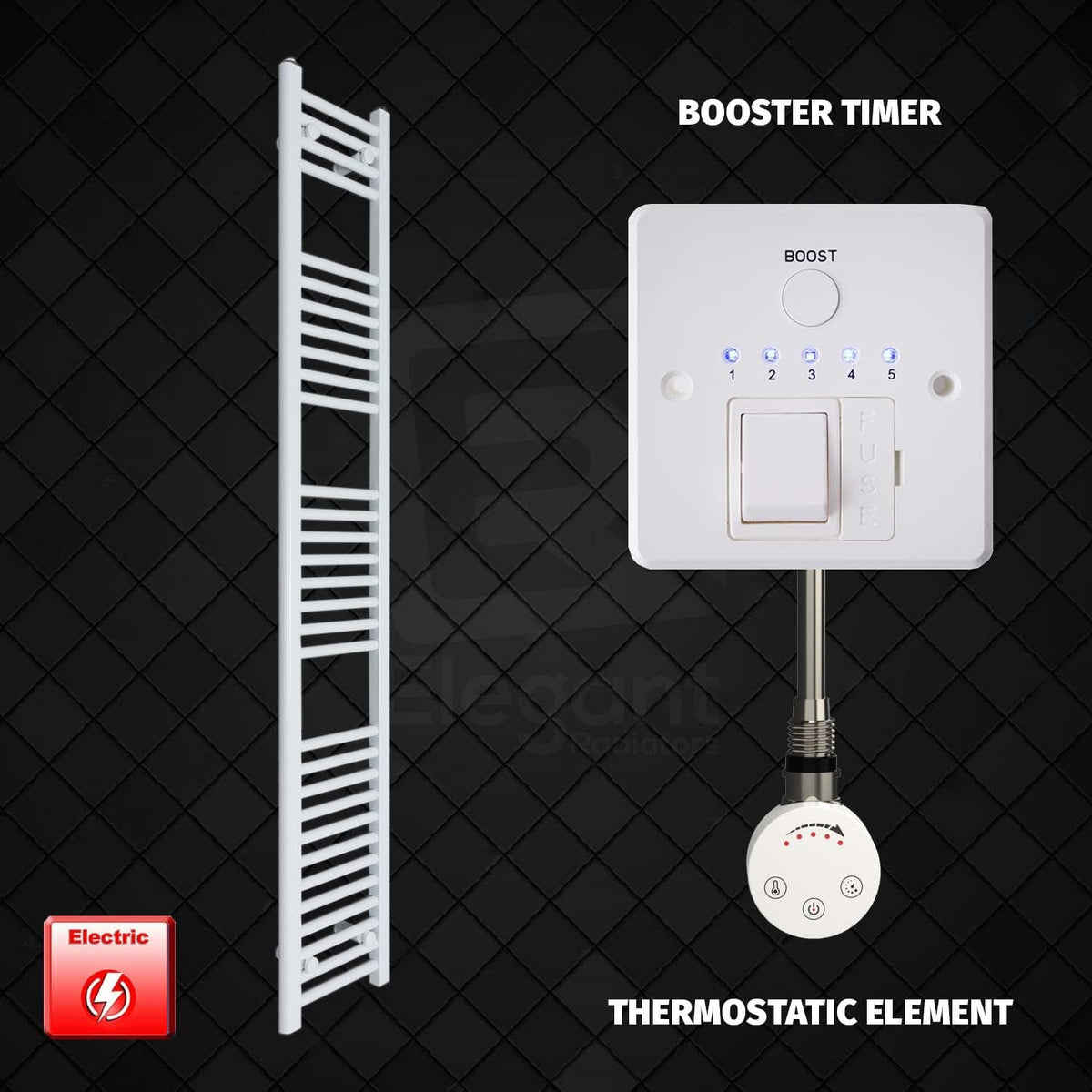 Thermostatic Element + Booster Timer 250 x 1800 Flat White Pre-Filled Electric Towel Radiator
