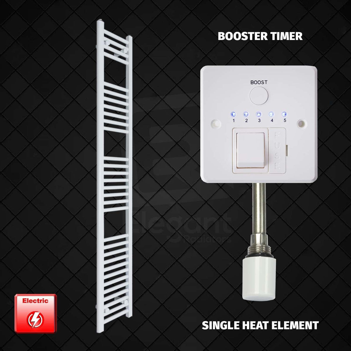 Single Heat Element + Booster Timer 250 x 1800 Flat White Pre-Filled Electric Towel Radiator