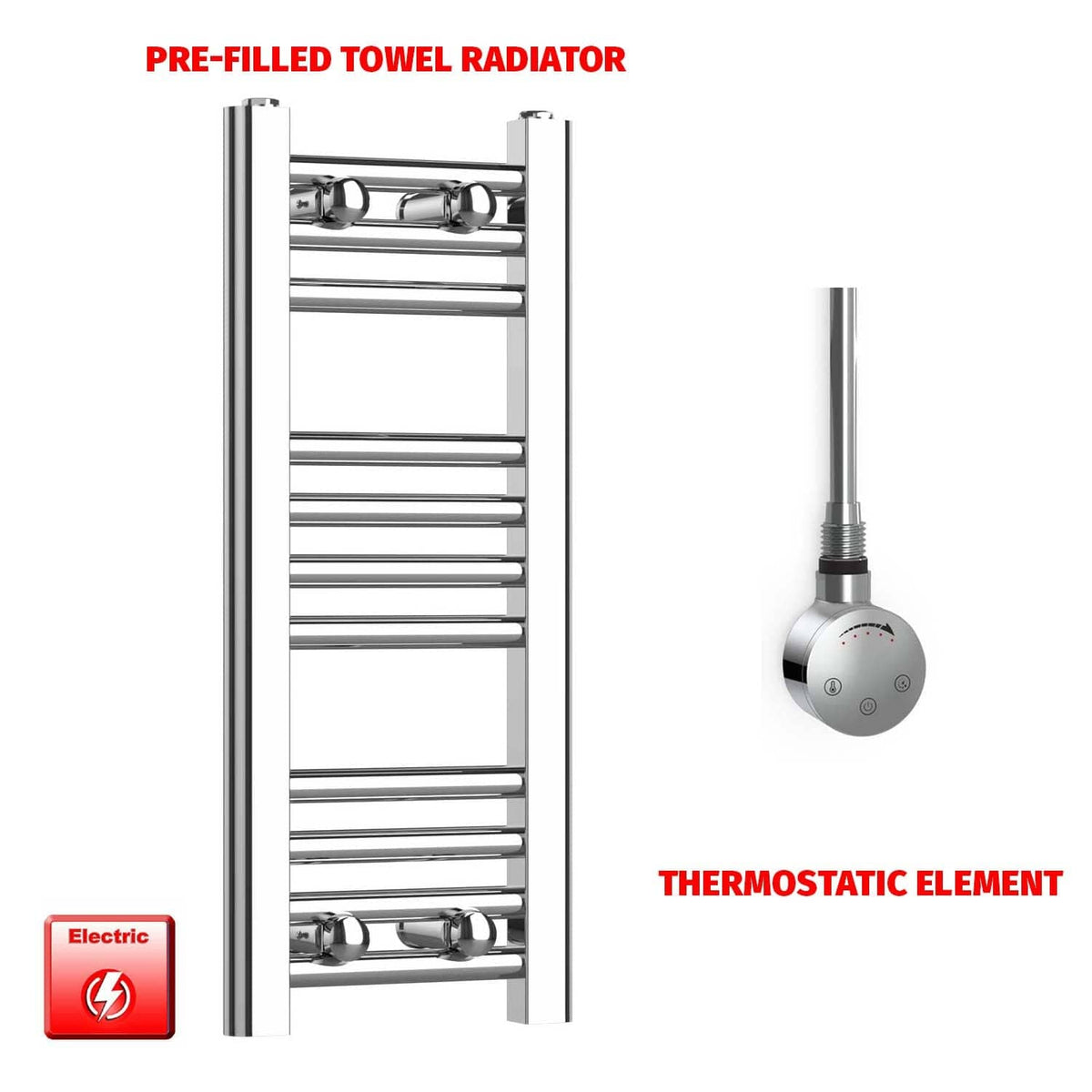 Thermostatic Element 250 x 600 Flat Chrome Pre-Filled Electric Towel Radiator
