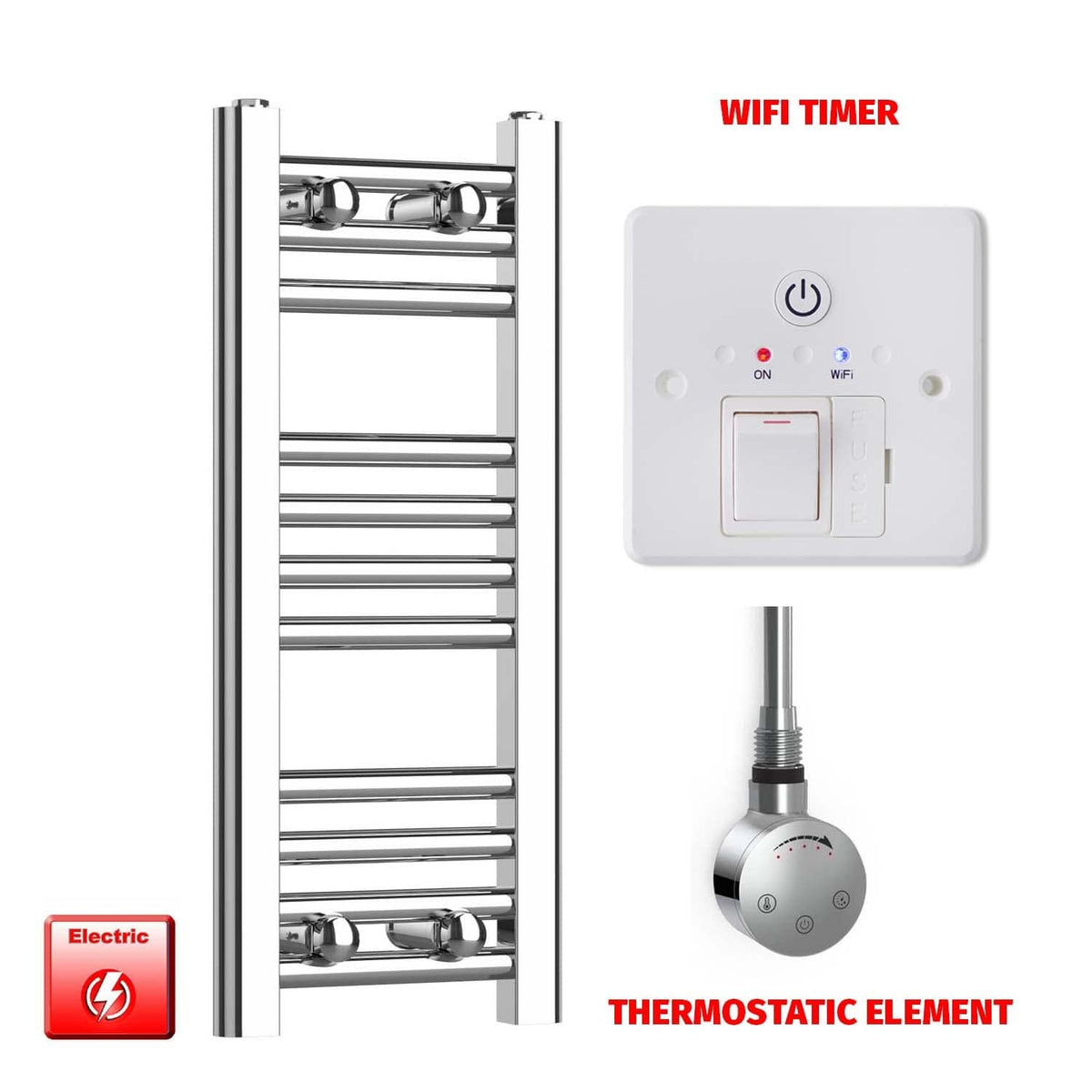 Thermostatic Element + Wifi Timer 250 x 600 Flat Chrome Pre-Filled Electric Towel Radiator