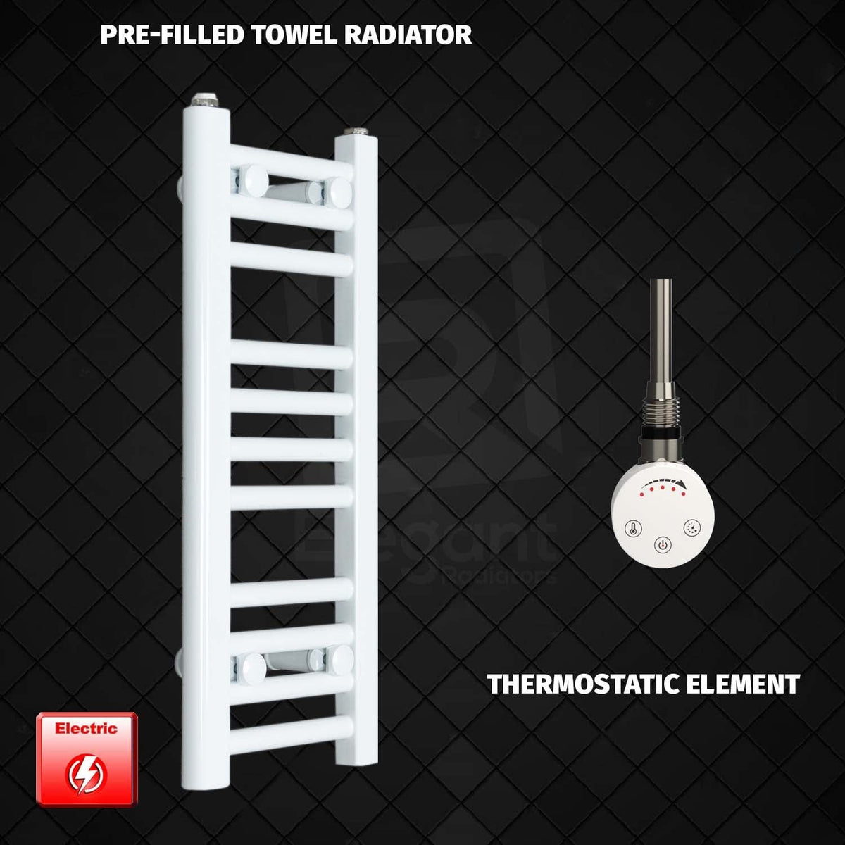 Thermostatic Element 250 x 600mm Flat White Pre-Filled Electric Towel Radiator
