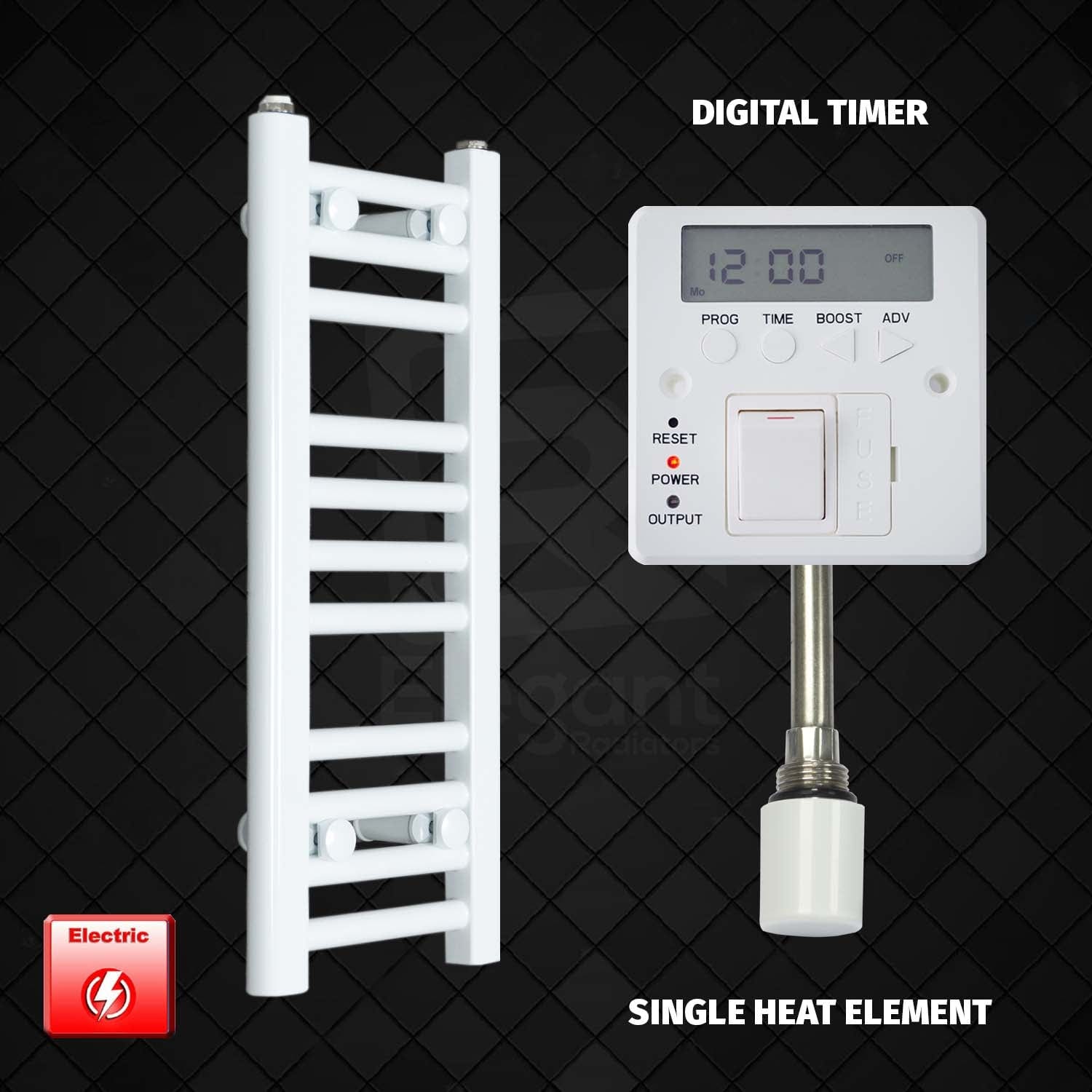 Single Heat Element + Digital Timer 250 x 600mm Flat White Pre-Filled Electric Towel Radiator