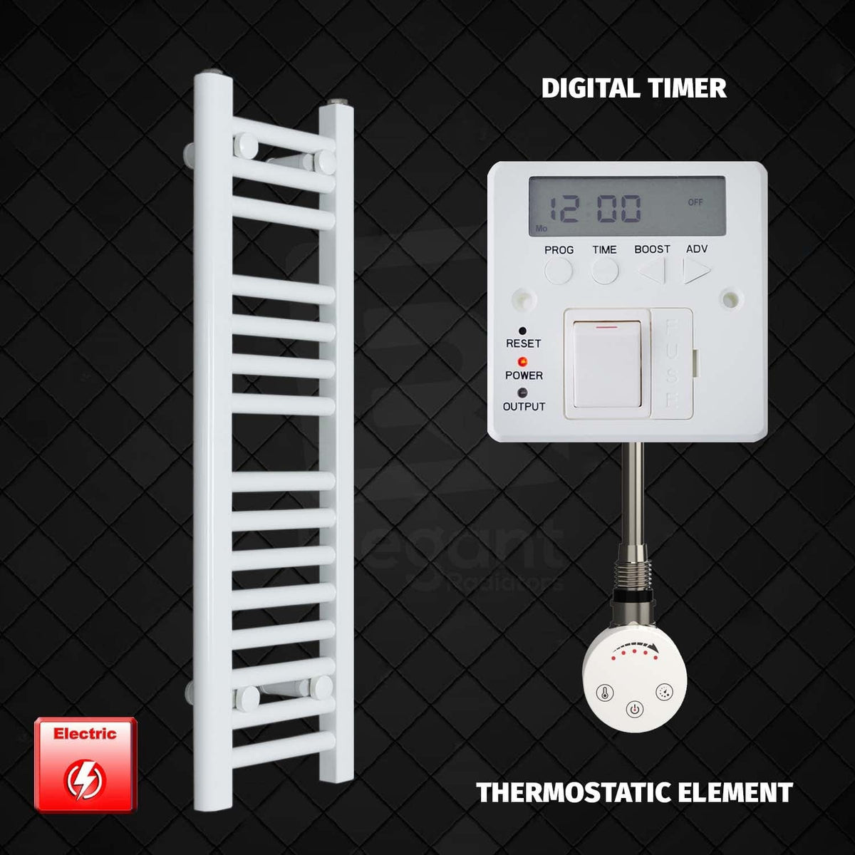 Thermostatic Element + Digital Timer 250 x 800 Flat White Pre-Filled Electric Heated Towel Rail