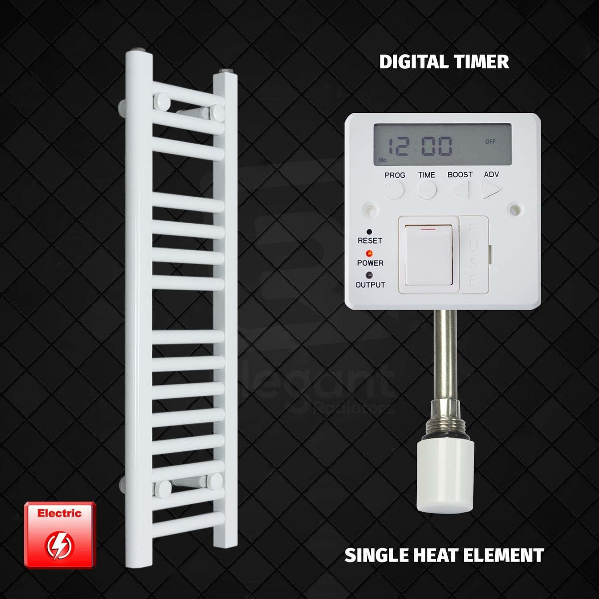 Single Heat Element + Digital Timer 250 x 800 Flat White Pre-Filled Electric Heated Towel Rail