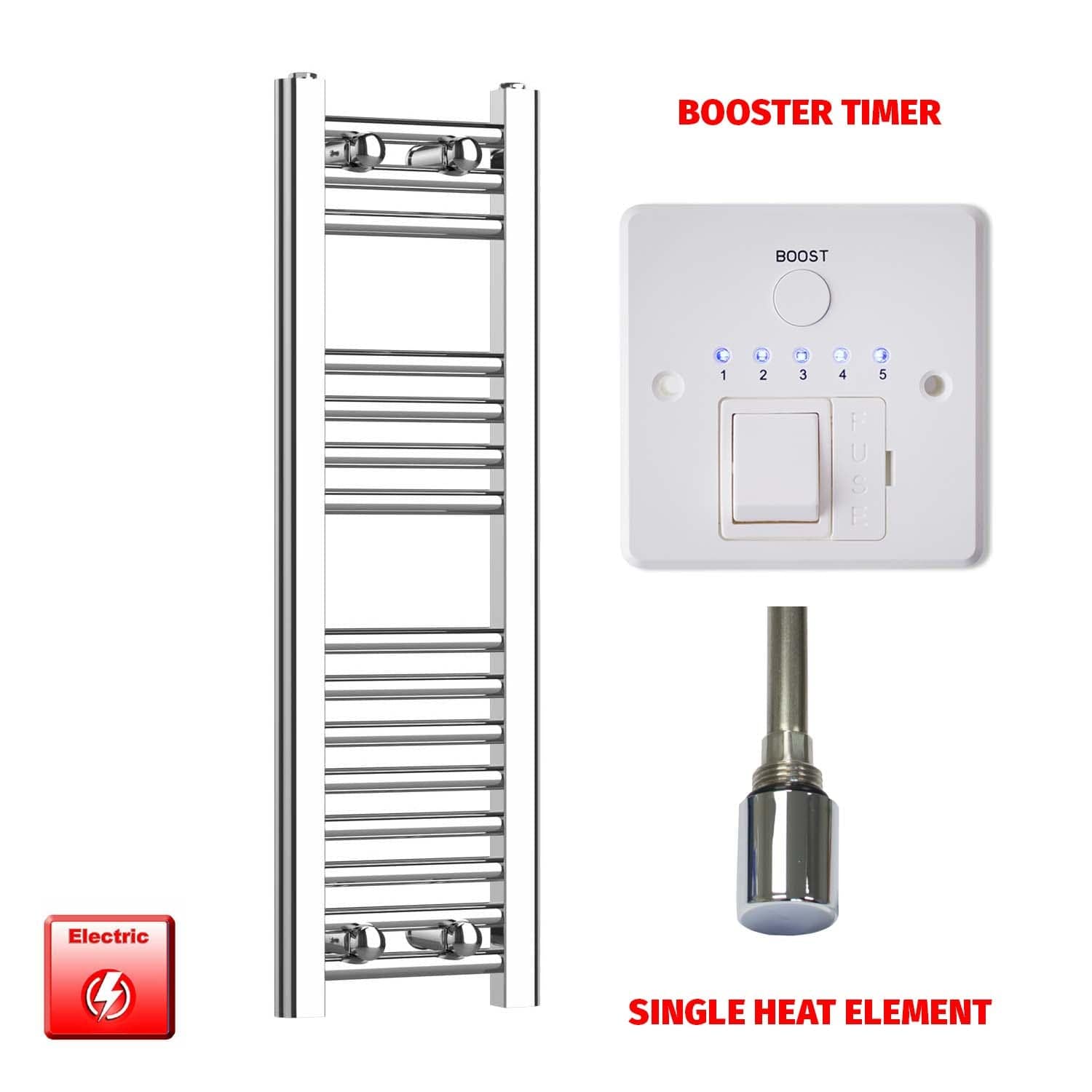 Single Heat Element + Booster Timer 250 x 800mm Flat Chrome PreFilled Electric Heated Towel Rail
