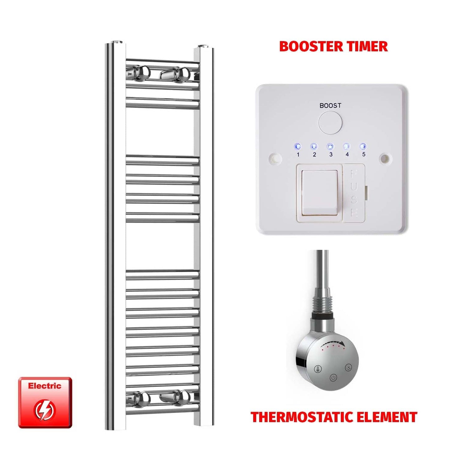 Thermostatic Element + Booster Timer 250 x 800mm Flat Chrome PreFilled Electric Heated Towel Rail