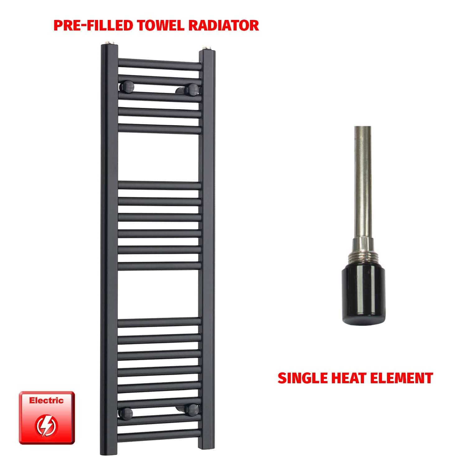 Single Heat Element 300 x 1000 Flat Black Pre-Filled Electric Towel Radiator