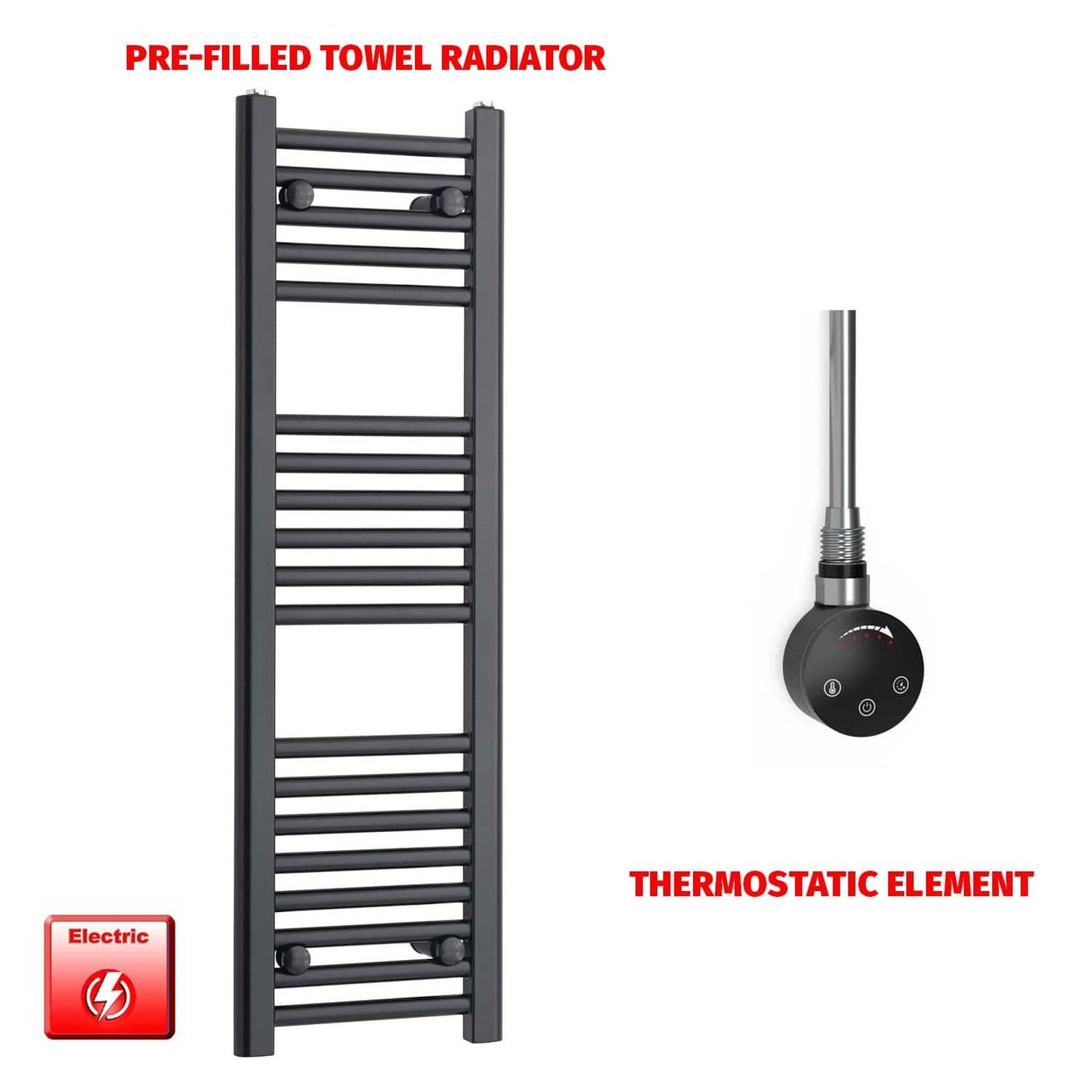 Thermostatic Element 300 x 1000 Flat Black Pre-Filled Electric Towel Radiator