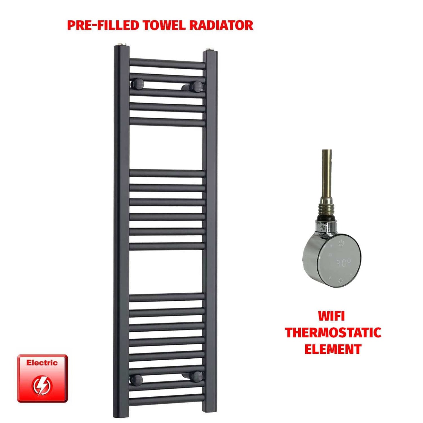 ER-Wifi Thermostatic 300 x 1000 Flat Black Pre-Filled Electric Towel Radiator