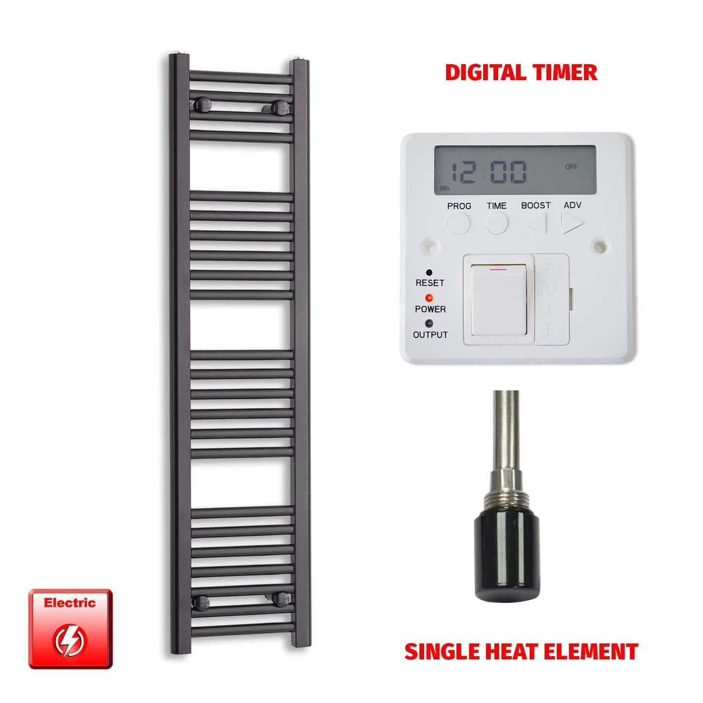 Single Heat Element + Digital Timer 300 x 1200 Flat Black Pre-Filled Electric Towel Radiator
