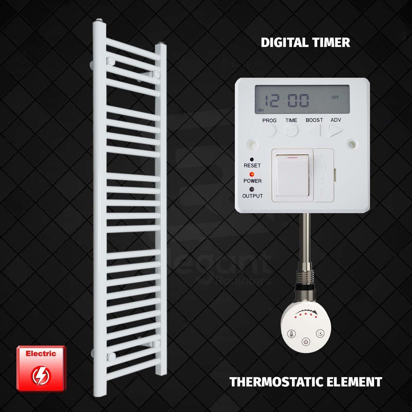 Thermostatic Element + Digital Timer 300 x 1200 Flat White Pre-Filled Electric Towel Radiator