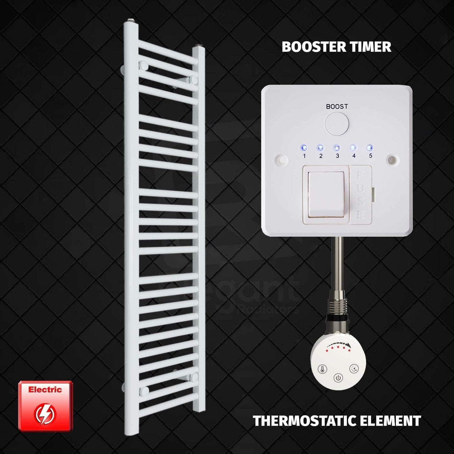 Thermostatic Element + Booster Timer 300 x 1200 Flat White Pre-Filled Electric Towel Radiator
