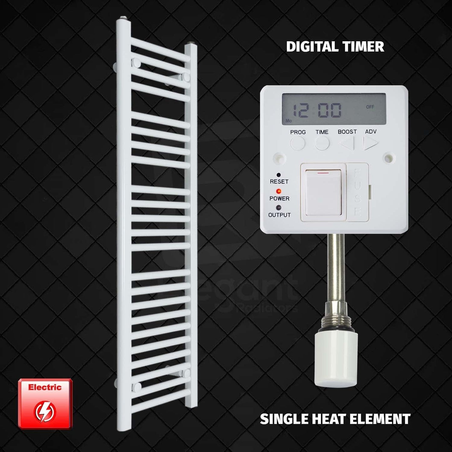 Single Heat Element + Digital Timer 300 x 1200 Flat White Pre-Filled Electric Towel Radiator