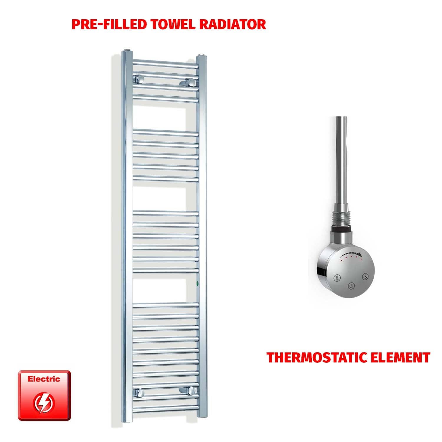 Thermostatic Element 300 x 1400 Flat Chrome Pre-Filled Electric Towel Radiator