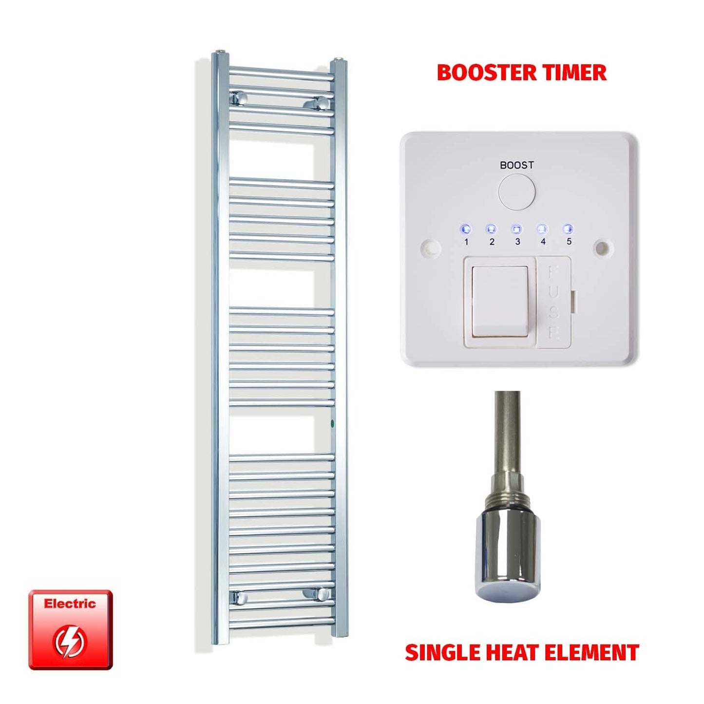 Single Heat Element + Booster Timer 300 x 1400 Flat Chrome Pre-Filled Electric Towel Radiator