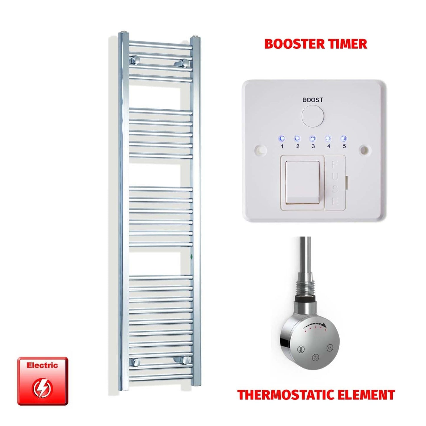 Thermostatic Element + Booster Timer 300 x 1400 Flat Chrome Pre-Filled Electric Towel Radiator