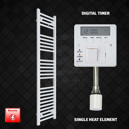 Single Heat Element + Digital Timer 300 x 1400mm Flat White Pre-Filled Electric Towel Radiator