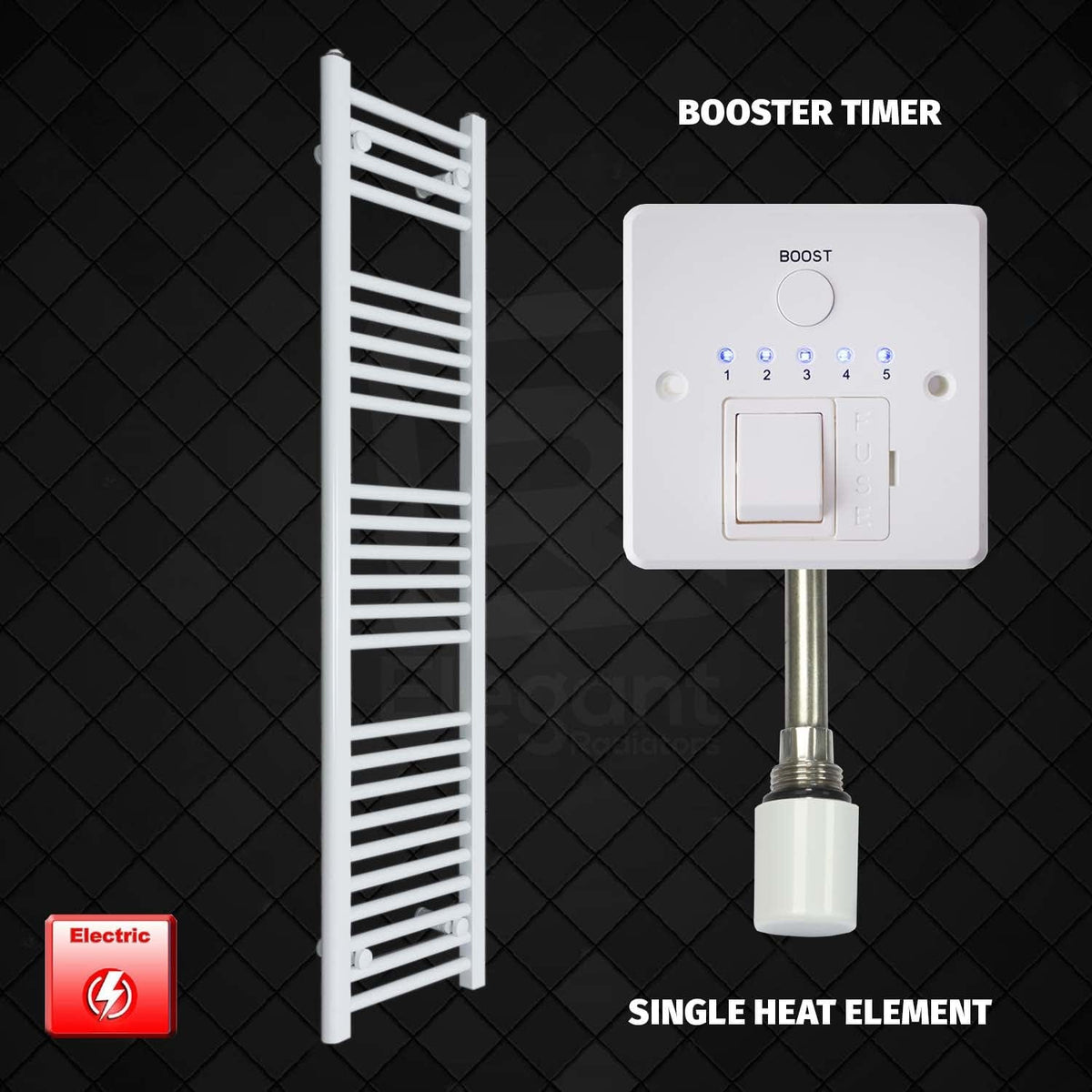 Single Heat Element + Booster Timer 300 x 1400mm Flat White Pre-Filled Electric Towel Radiator
