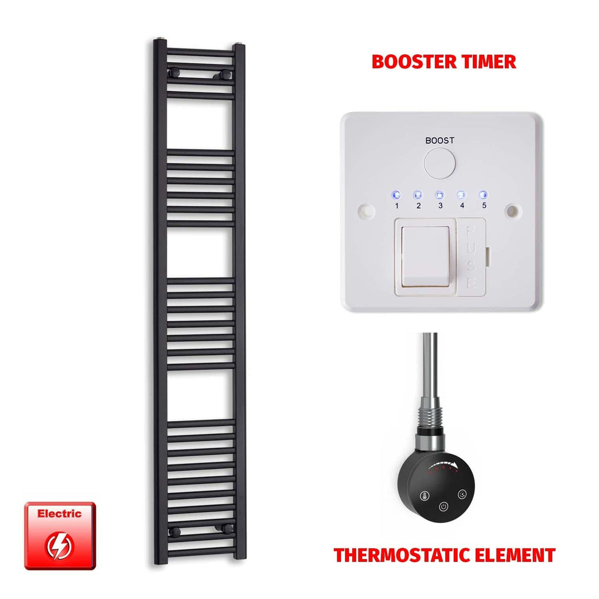 Thermostatic Element + Booster Timer 300 x 1600 Flat Black Pre-Filled Electric Towel Radiator