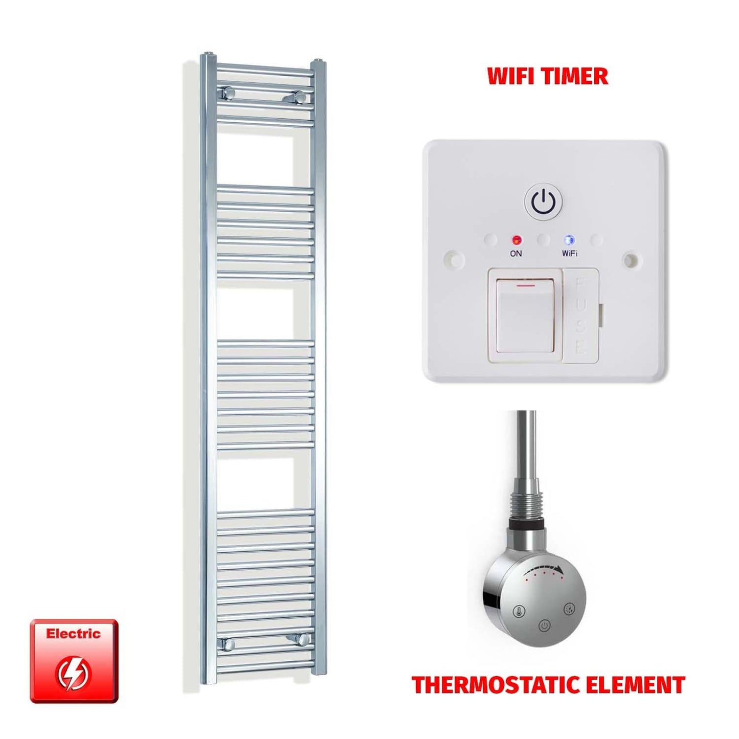 Thermostatic Element + Wifi Timer 300 x 1600 Flat Chrome Pre-Filled Electric Heated Towel Rail