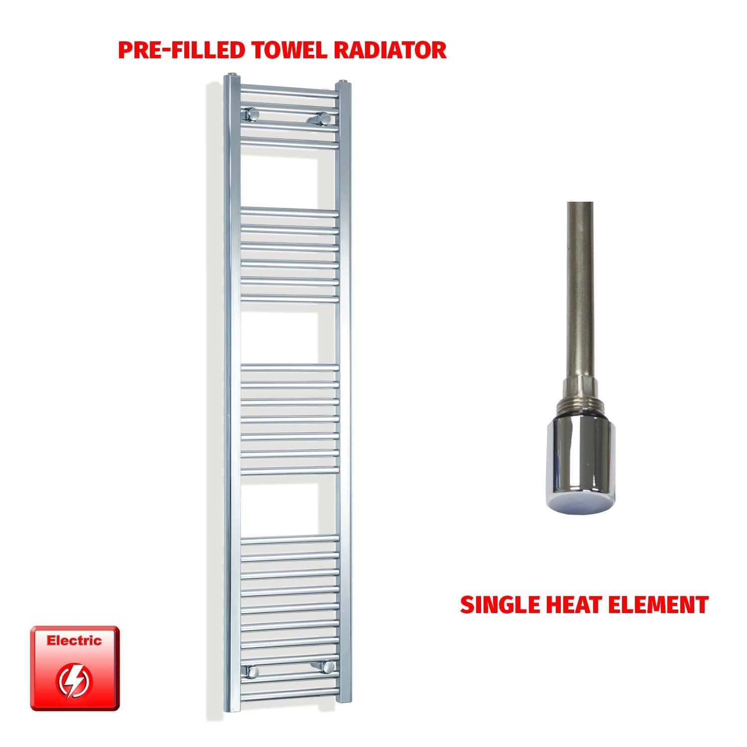 Single Heat Element 300 x 1600 Flat Chrome Pre-Filled Electric Heated Towel Rail