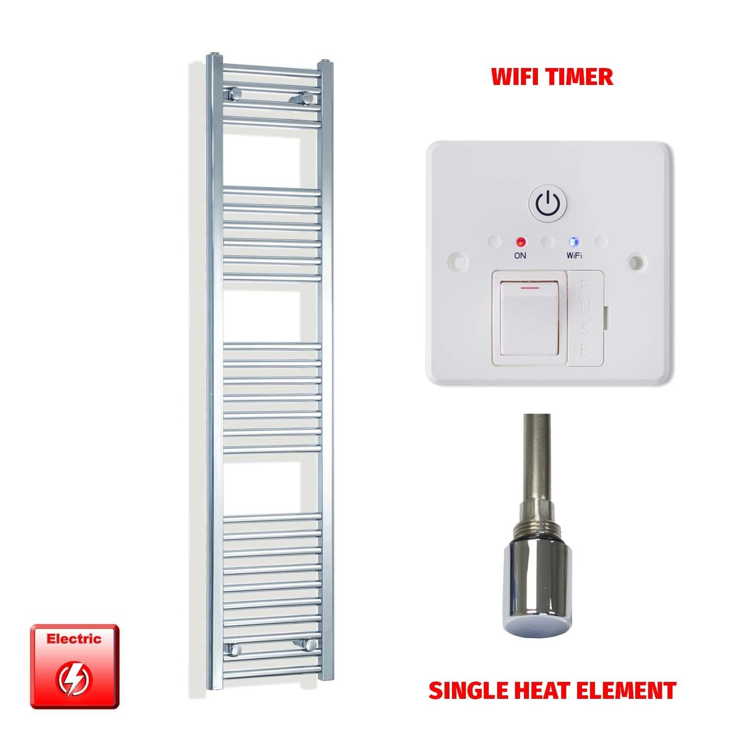 Single Heat Element + Wifi Timer 300 x 1600 Flat Chrome Pre-Filled Electric Heated Towel Rail