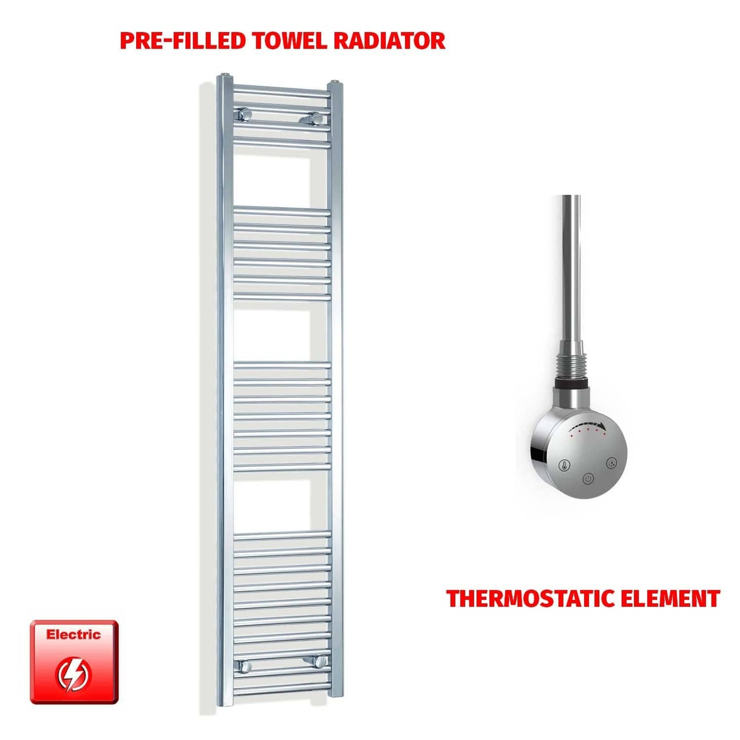 Thermostatic Element 300 x 1600 Flat Chrome Pre-Filled Electric Heated Towel Rail