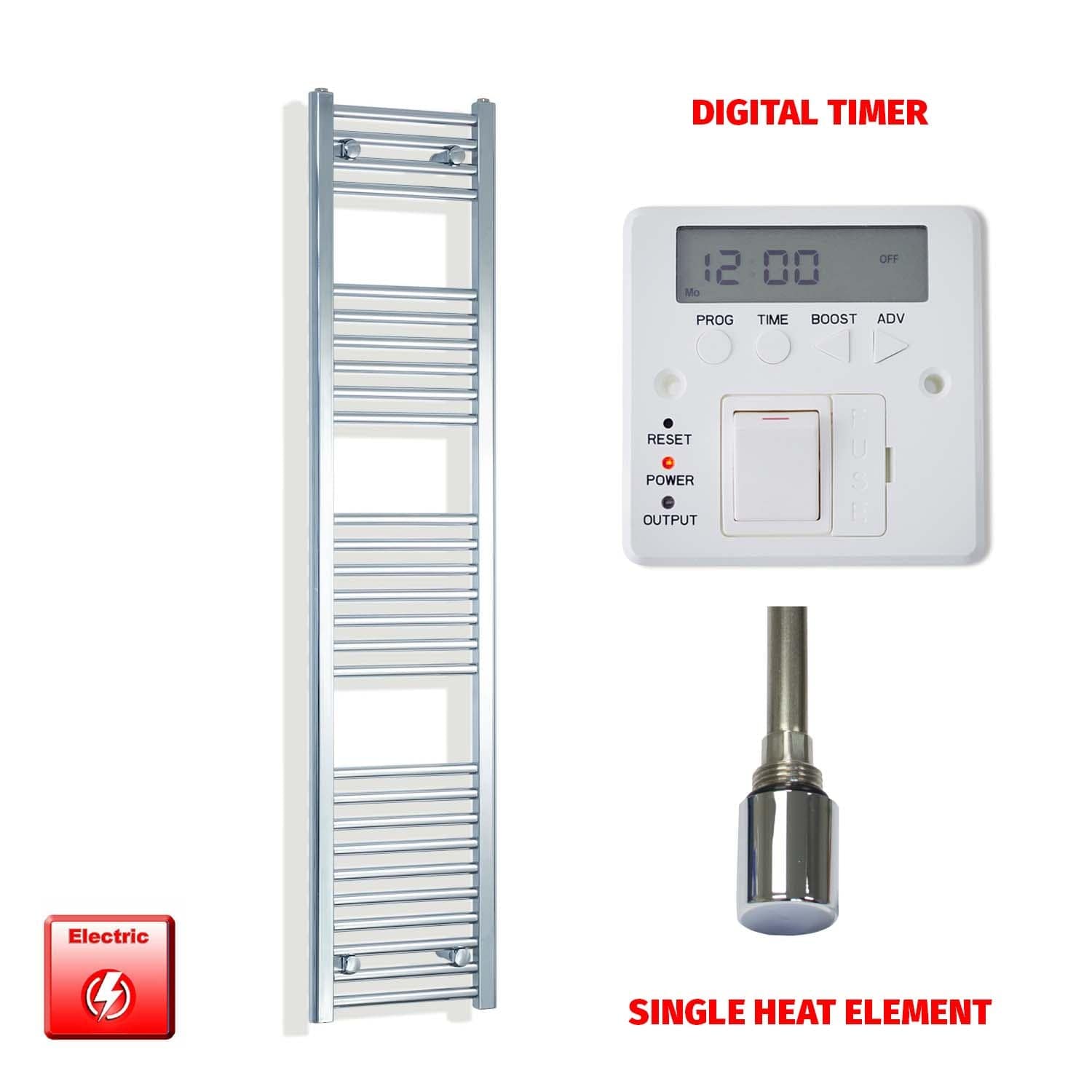 Single Heat Element + Digital Timer 300 x 1600 Flat Chrome Pre-Filled Electric Heated Towel Rail