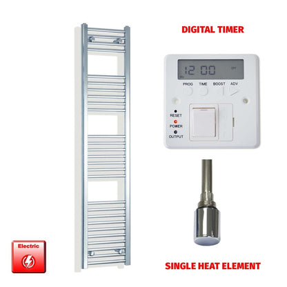 Single Heat Element + Digital Timer 300 x 1600 Flat Chrome Pre-Filled Electric Heated Towel Rail