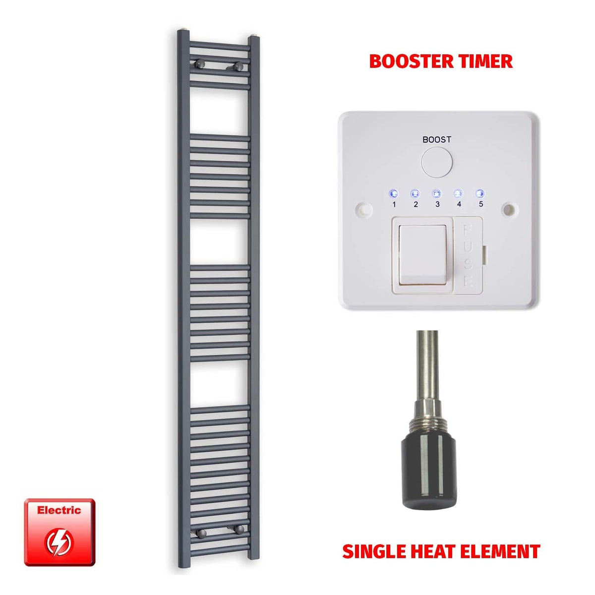 Single Heat Element + Booster Timer 300 x 1800 Flat Anthracite Pre-Filled Electric Towel Rail