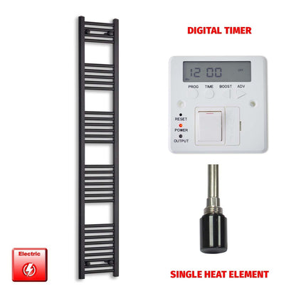 Single Heat Element + Digital Timer 300 x 1800 Flat Black Pre-Filled Electric Towel Radiator