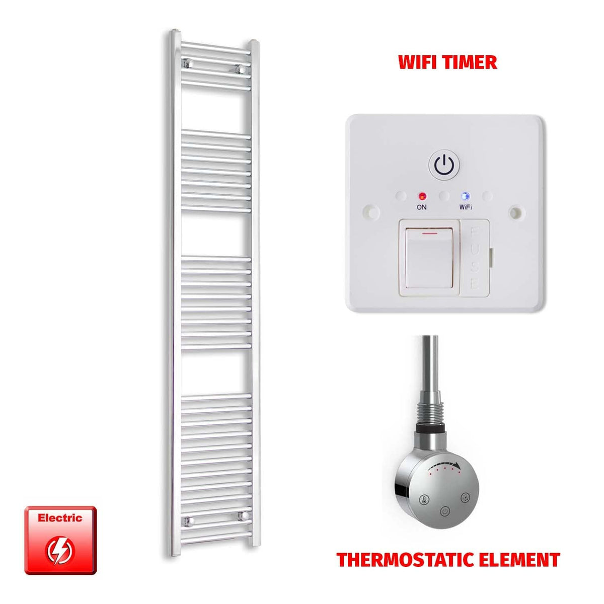 Thermostatic Element + Wifi Timer 300 x 1800 Flat Chrome Pre-Filled Electric Heated Towel Rail