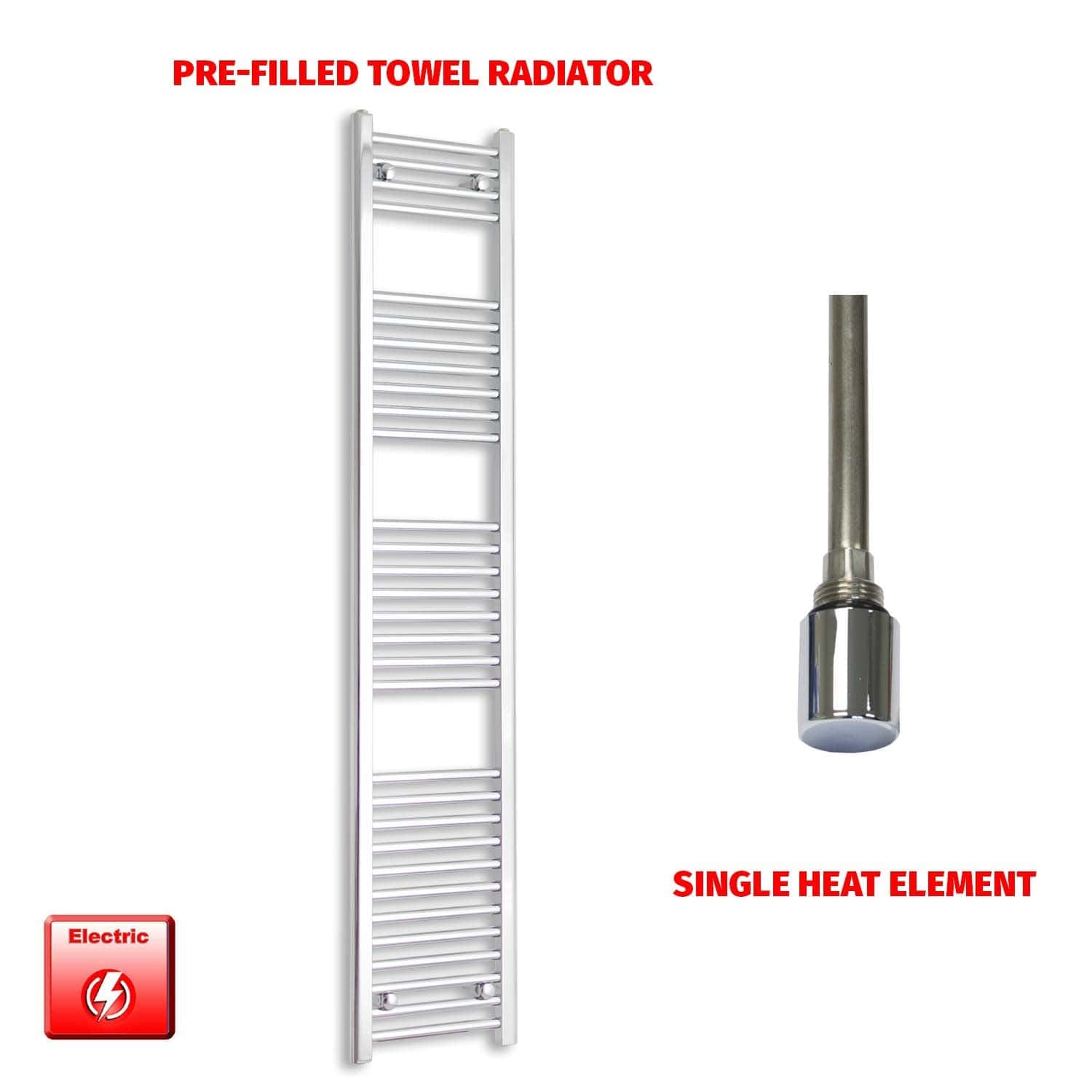 Single Heat Element 300 x 1800 Flat Chrome Pre-Filled Electric Heated Towel Rail