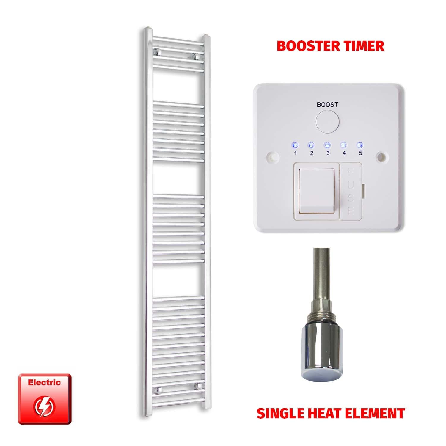 Single Heat Element + Booster Timer 300 x 1800 Flat Chrome Pre-Filled Electric Heated Towel Rail