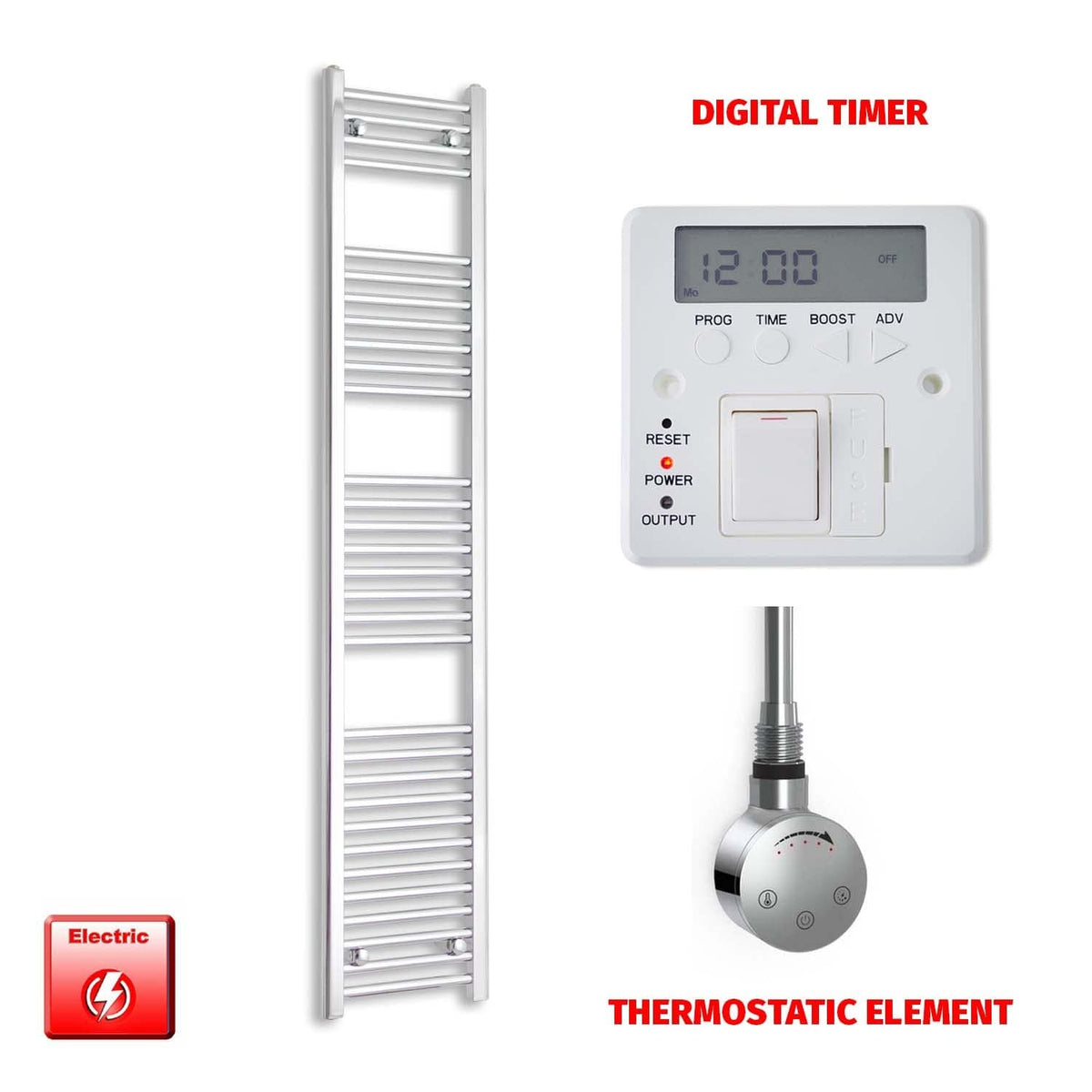 Thermostatic Element + Digital Timer 300 x 1800 Flat Chrome Pre-Filled Electric Heated Towel Rail