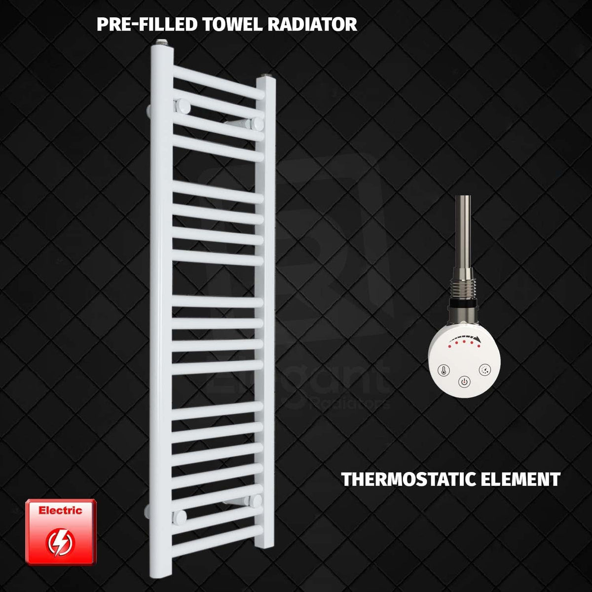 Thermostatic Element 300 x 1800 Flat White Pre-Filled Electric Towel Radiator