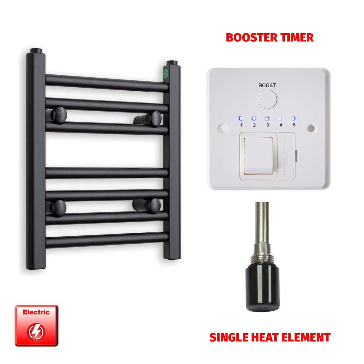 Single Heat Element + Booster Timer 300 x 400mm Flat Black Pre-Filled Electric Towel Radiator