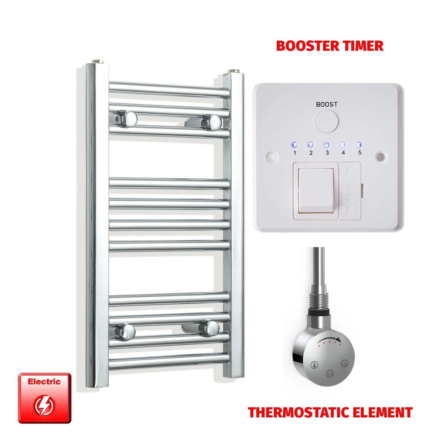 Thermostatic Element + Booster Timer 300 x 600 Flat Chrome Pre-Filled Electric Heated Towel Rail
