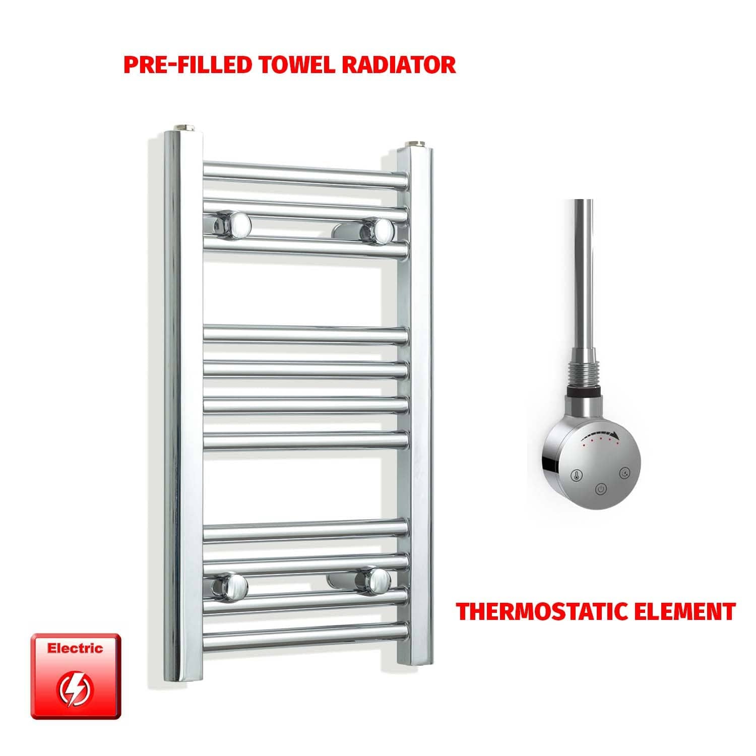 Thermostatic Element 300 x 600 Flat Chrome Pre-Filled Electric Heated Towel Rail