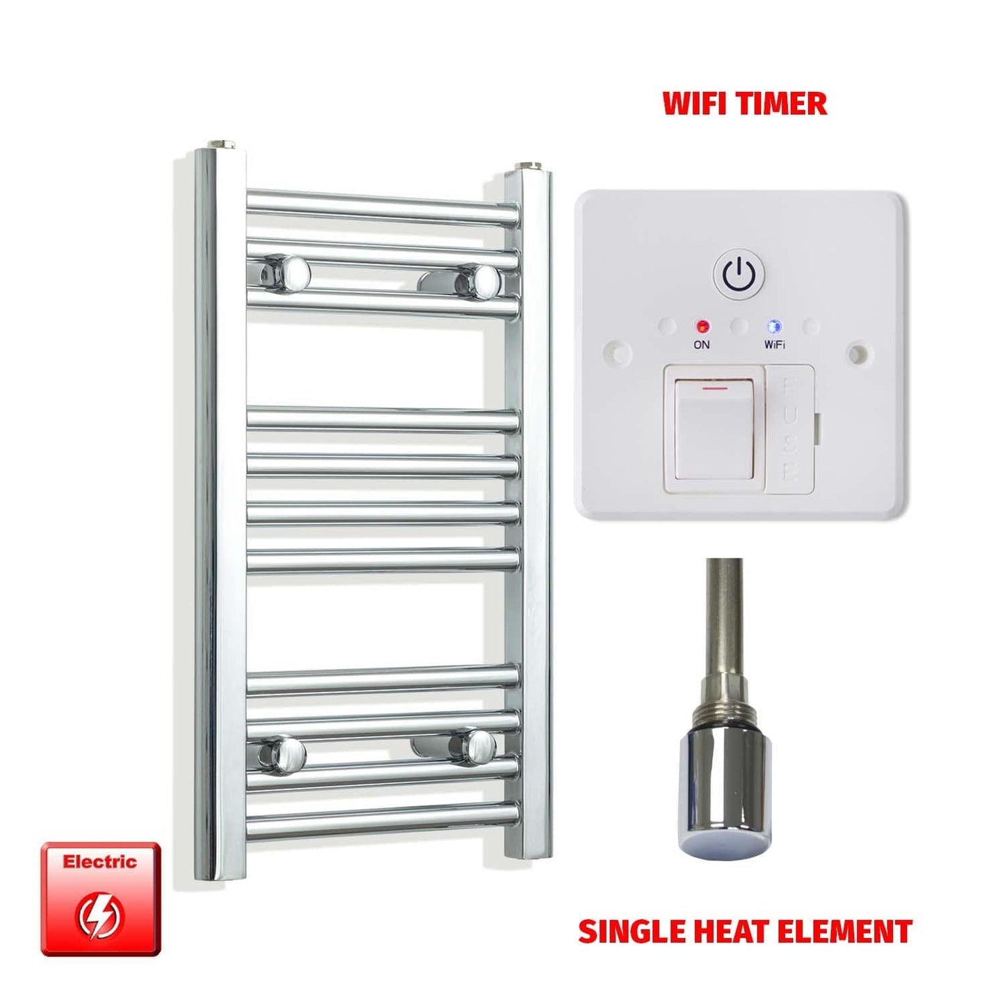 Single Heat Element + Wifi Timer 300 x 600 Flat Chrome Pre-Filled Electric Heated Towel Rail