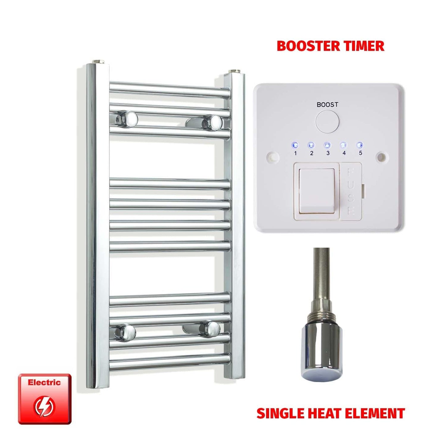 Single Heat Element + Booster Timer 300 x 600 Flat Chrome Pre-Filled Electric Heated Towel Rail