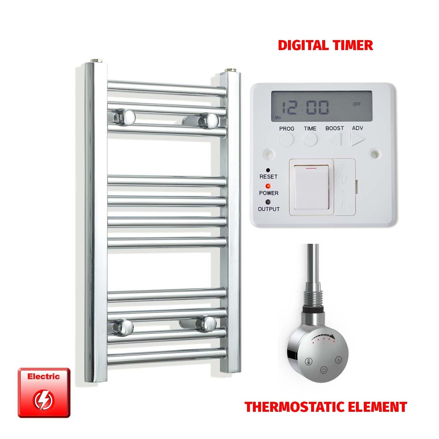 Thermostatic Element + Digital Timer 300 x 600 Flat Chrome Pre-Filled Electric Heated Towel Rail