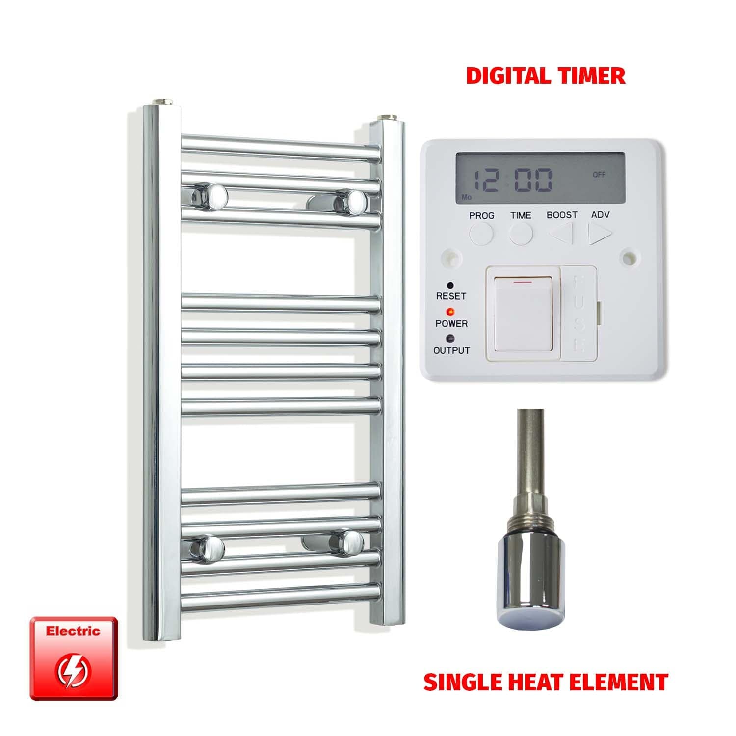 Single Heat Element + Digital Timer 300 x 600 Flat Chrome Pre-Filled Electric Heated Towel Rail