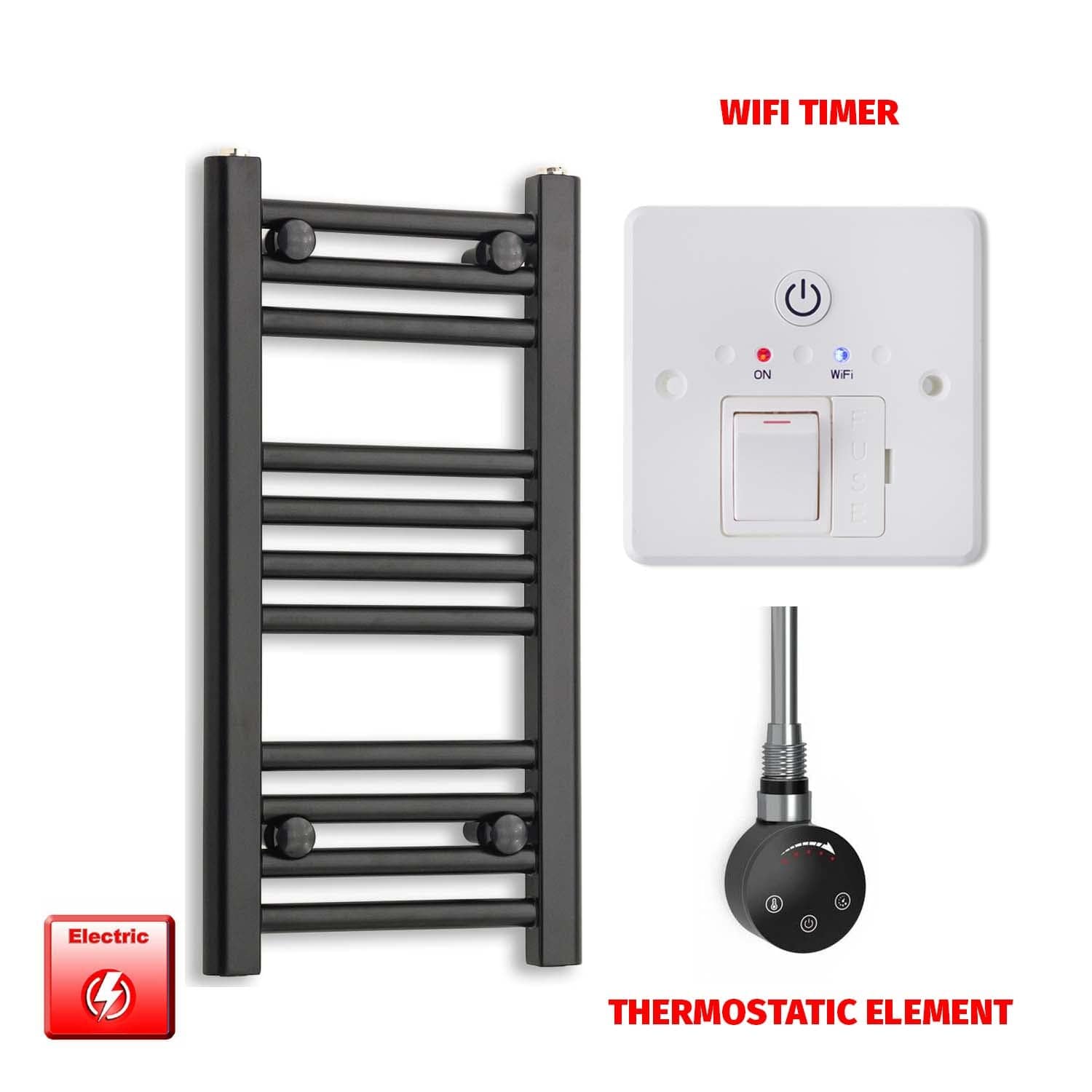 Thermostatic Element + Wifi Timer 300 x 600mm Flat Black Pre-Filled Electric Towel Radiator
