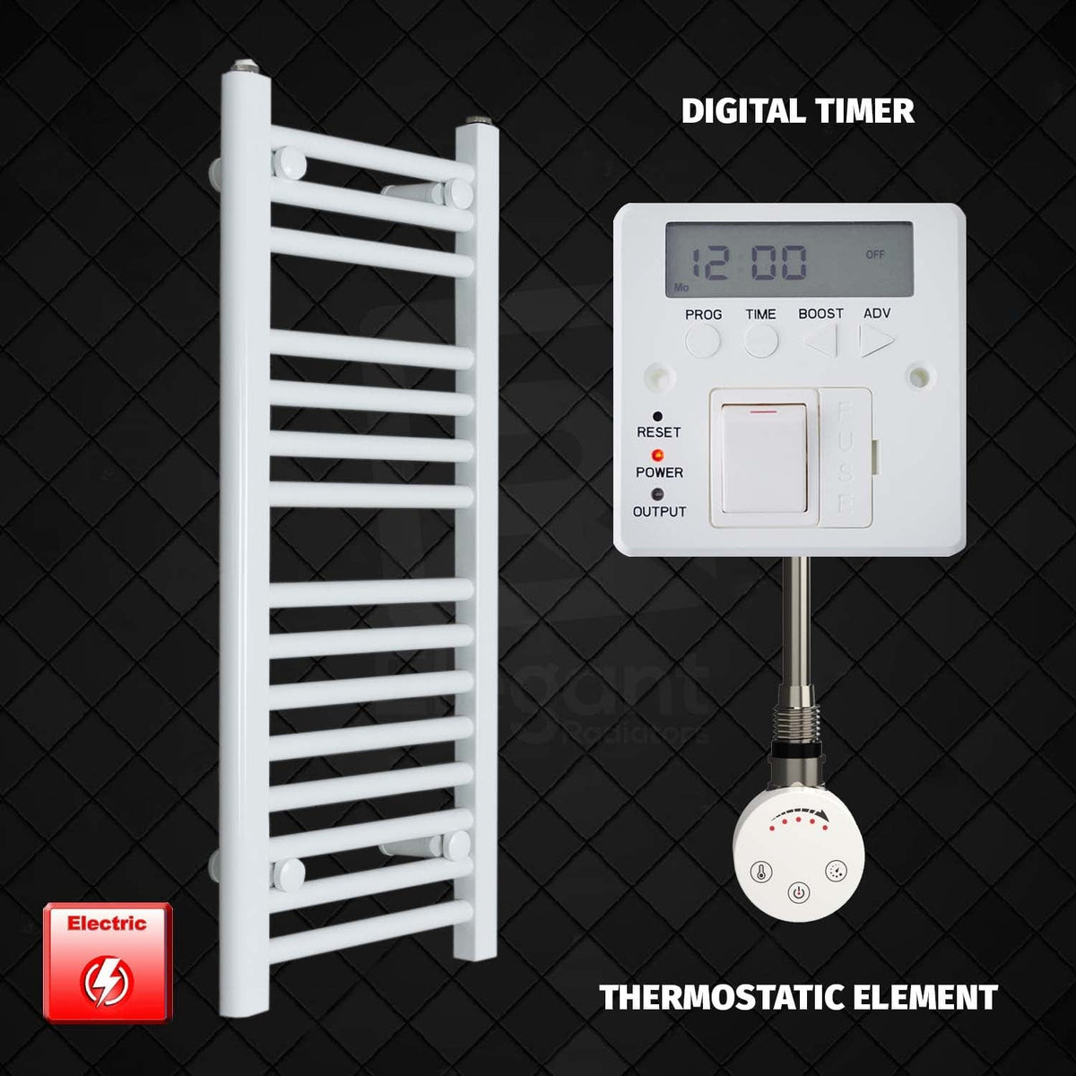 Thermostatic Element + Digital Timer 300 x 800 High Flat White Pre-Filled Electric Towel Radiator