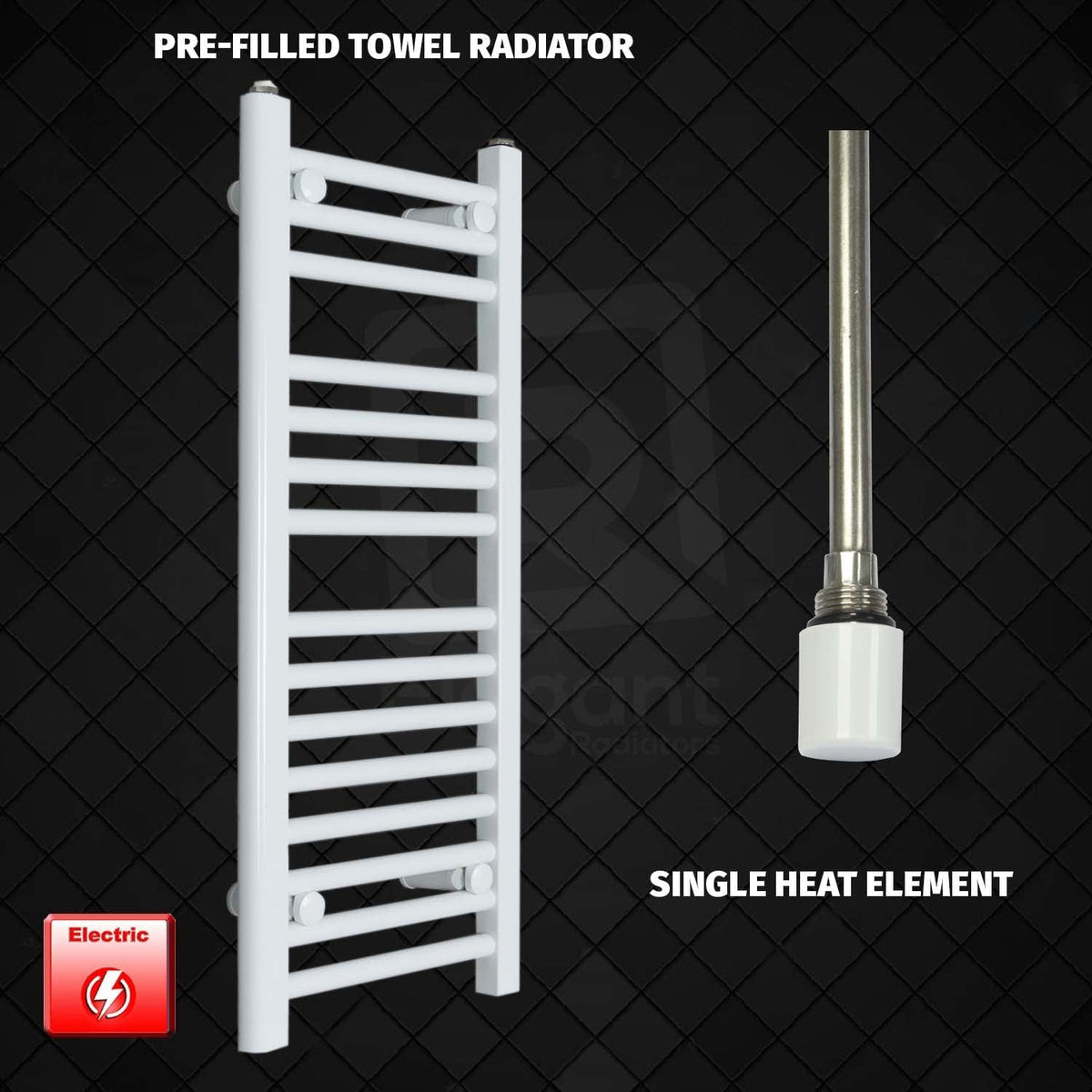 Single Heat Element 300 x 800 High Flat White Pre-Filled Electric Towel Radiator